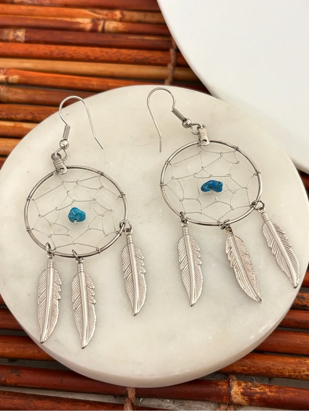 Silver Tone Dreamcatcher Necklace 16” & Earring Set with Faux Turquoise Accents